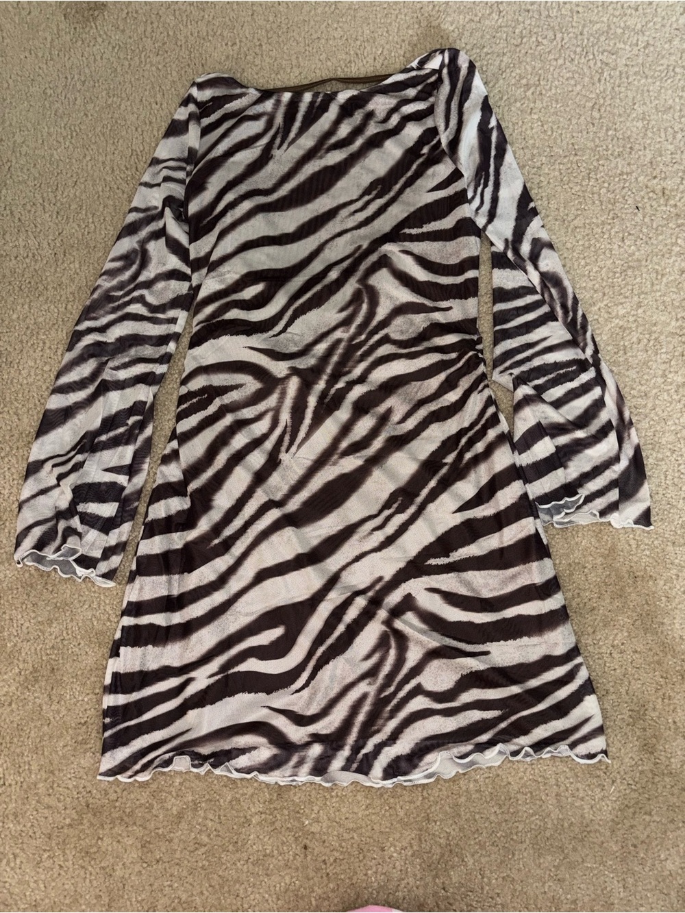 Zebra Print Long Sleeve Mini Dress - Brown & White